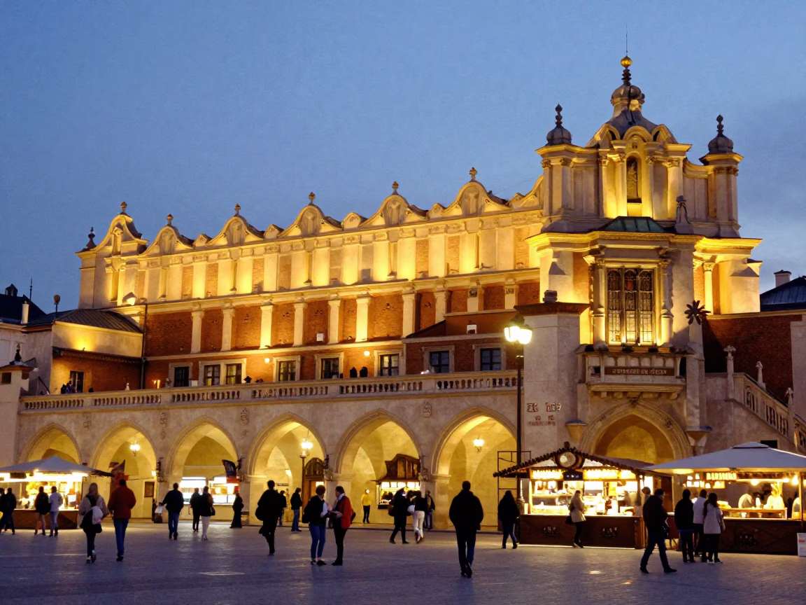 Krakow Poland Early Evening Main Square Night Market Food Court Atmosphere in in Krakow, Poland