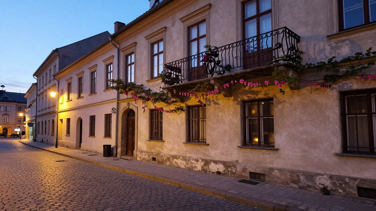 Krakow Poland Early Evening Street Scene with Bleeding Heart Vine in in Krakow, Poland
