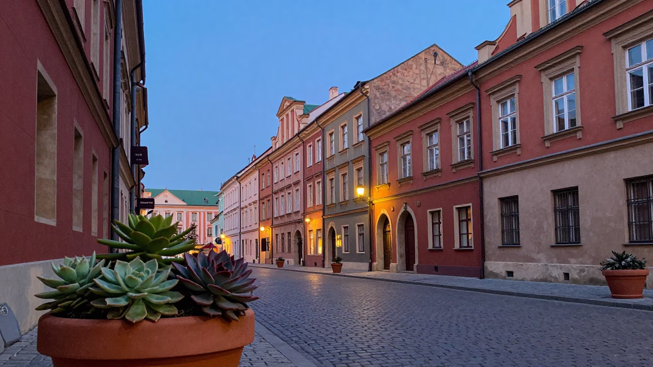 Krakow Poland Early Evening Street Scene with Potted Succulents and Peg Rails in in Krakow, Poland