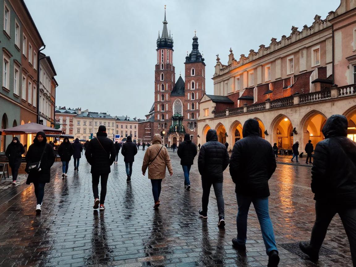 Krakow Poland Early Evening Street Scene with Raincoats and Cobblestone Architecture in in Krakow, Poland