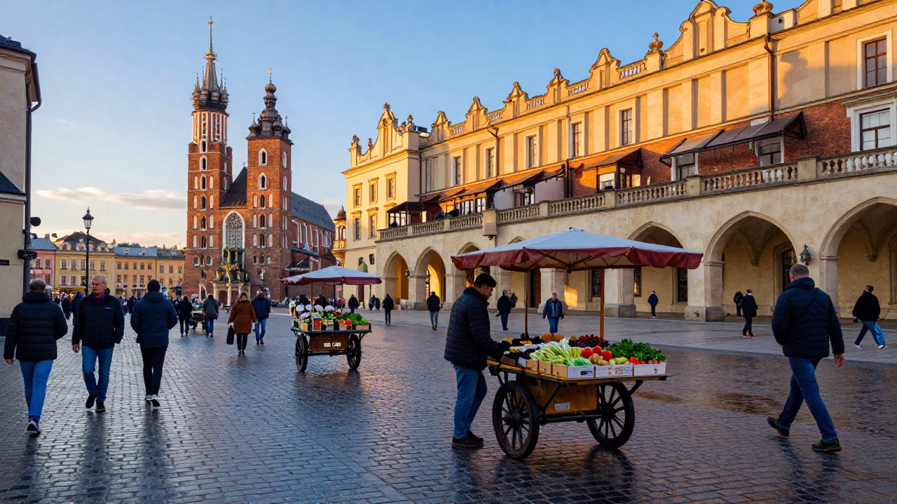 Krakow Poland Early Evening Street Scene with Rolling Carts and Mailbox in in Krakow, Poland