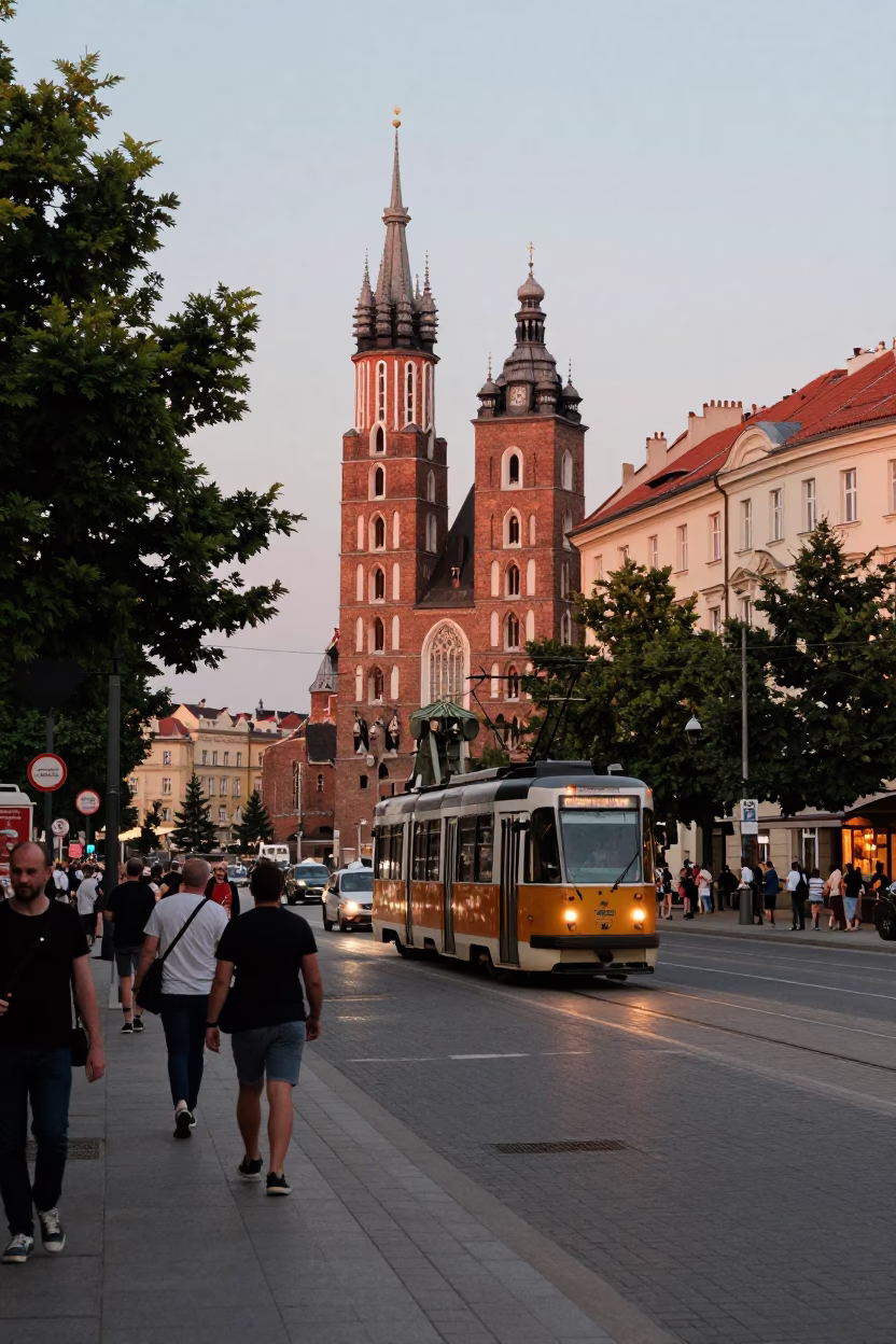 Krakow Poland Early Evening Street Scene with Tramcar and Local Life in in Krakow, Poland