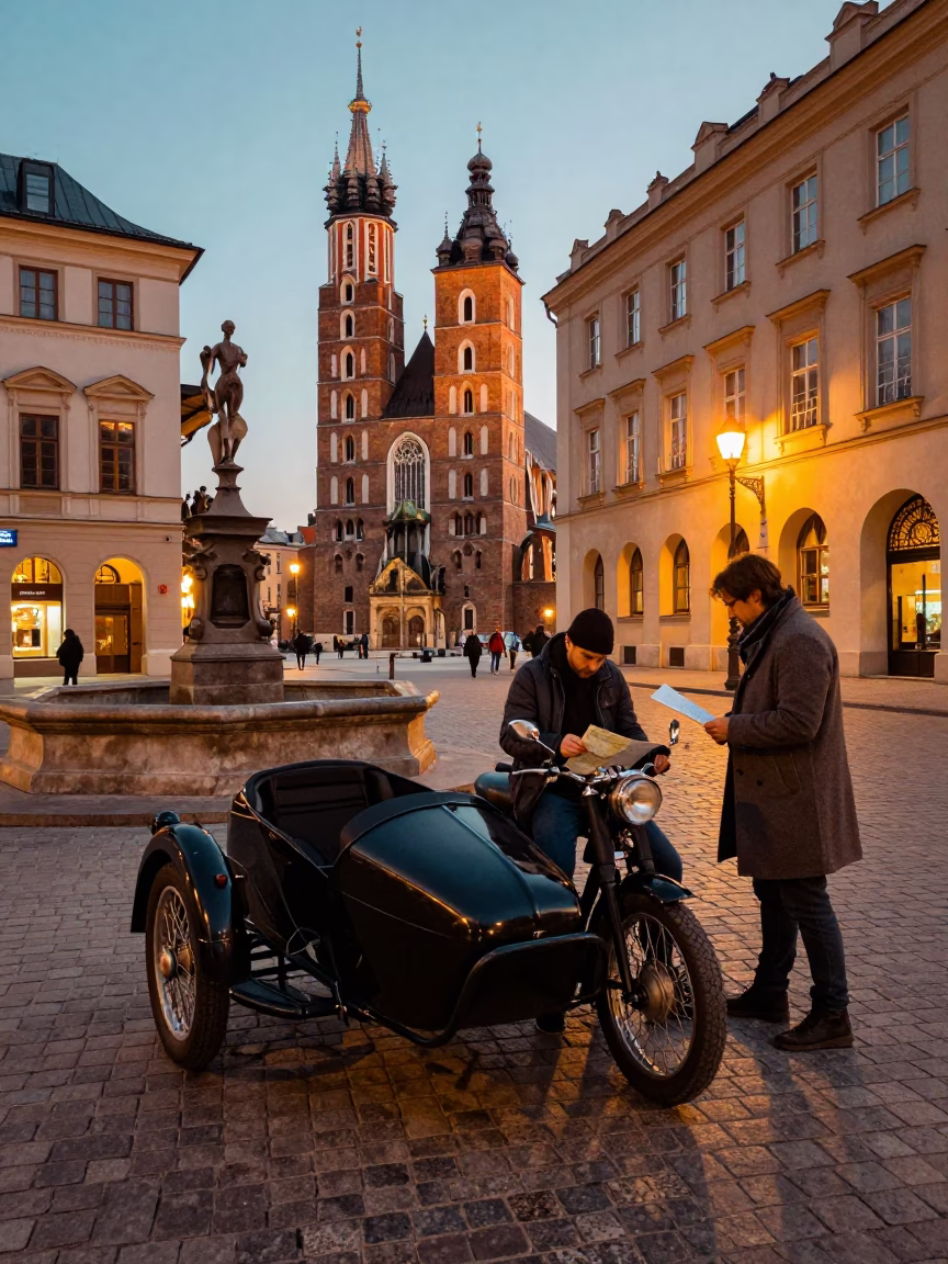 Krakow Poland Early Evening Street Scene with Vintage Motorcycle Sidecar and Local Interaction in in Krakow, Poland