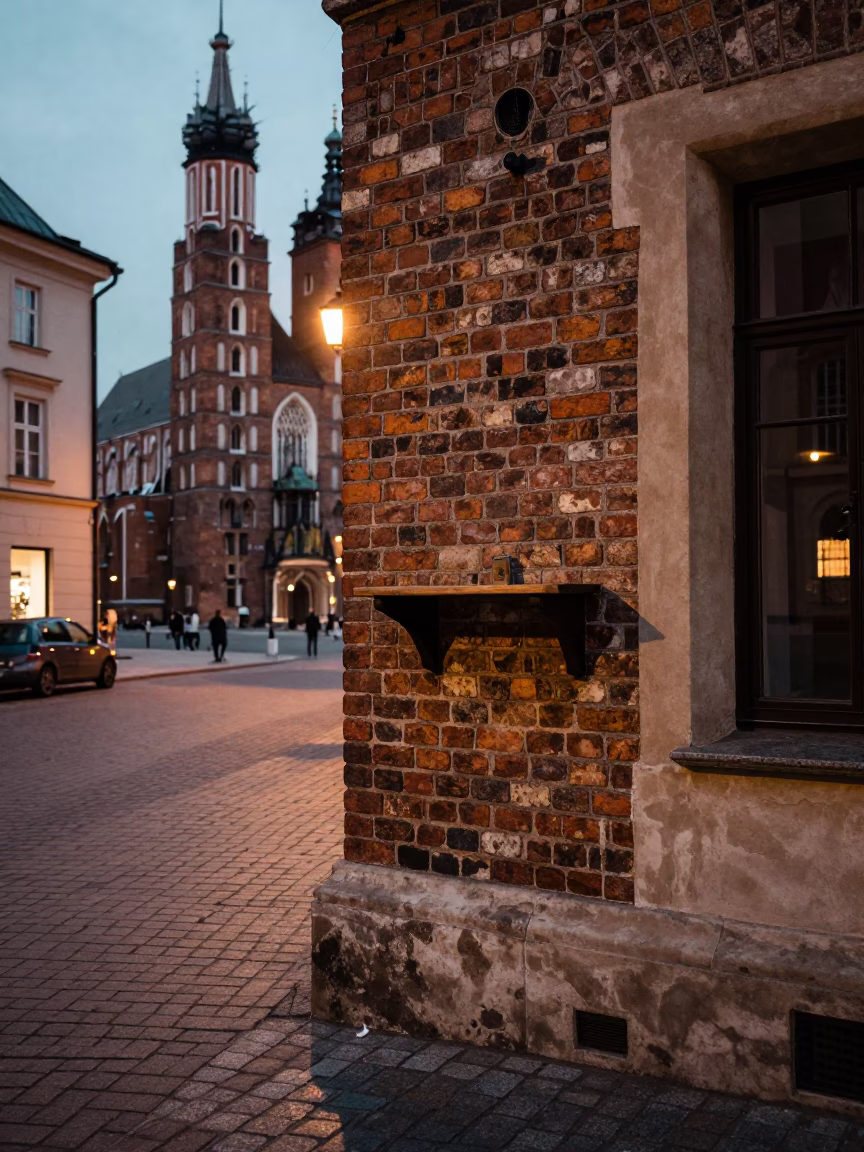 Krakow Poland Early Evening Street Scene with Wall Shelf and Tea Stains in in Krakow, Poland