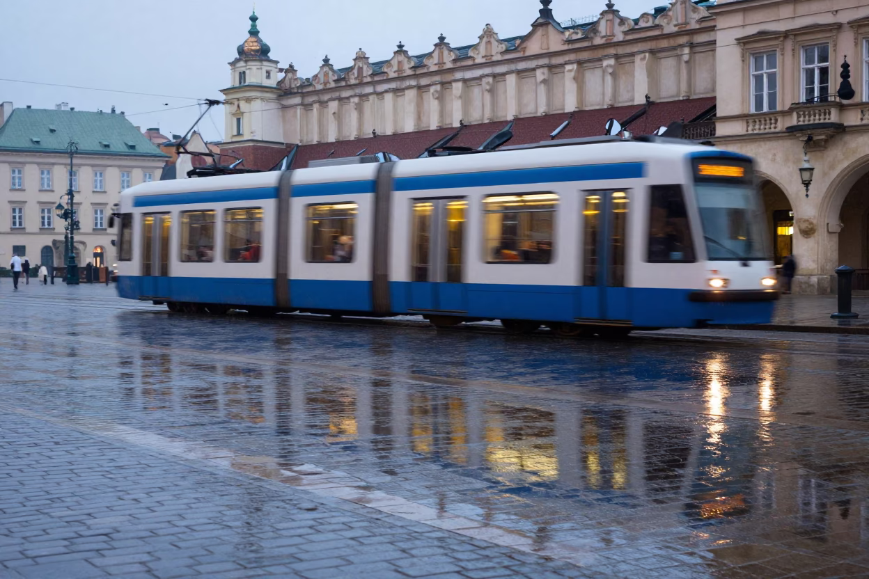 Krakow Poland Early Morning Tram Reflection Rain Cobblestones Main Square in in Krakow, Poland