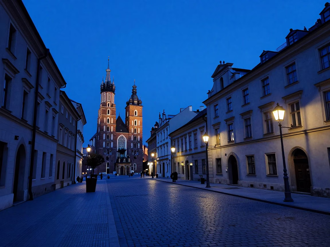 Krakow Poland Evening Blue Hour Wawel Castle Hill Street Scene with Tram and Pedestrians in in Krakow, Poland