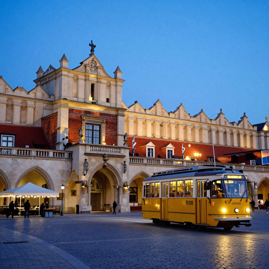 Krakow Poland Evening Blue Light Main Square Street Scene with Trolley and Schnitzel in in Krakow, Poland