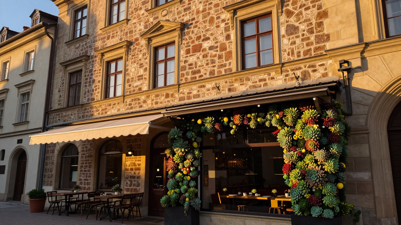 Krakow Poland Evening Light on Historic Stone Facade with Cafe Succulents and Brass Details in in Krakow, Poland