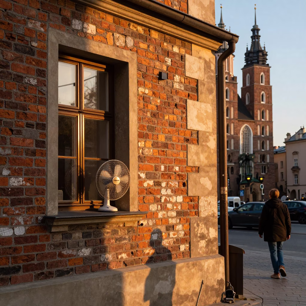Krakow Poland Evening Light Street Scene with Sun Stripe on Tile and Urban Details in in Krakow, Poland