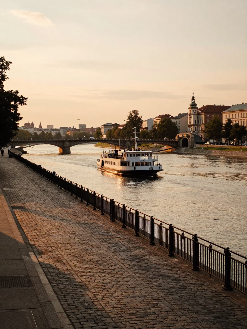 Krakow Poland Evening Street Scene with Chain Ferry and Tunnel Construction in in Krakow, Poland