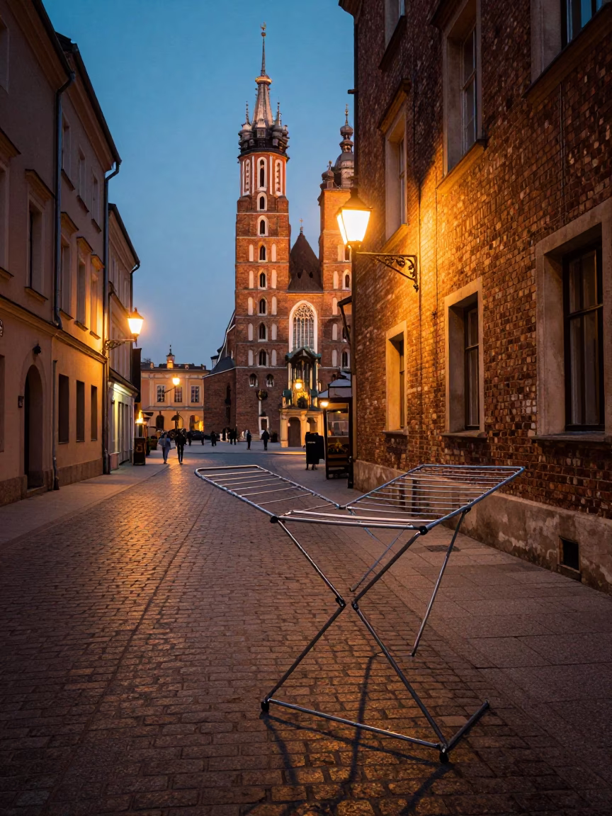 Krakow Poland Evening Street Scene with Drying Rack and Urban Lights in in Krakow, Poland