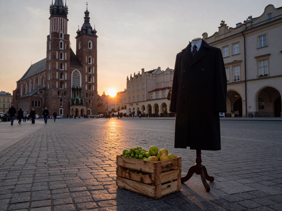 Krakow Poland Evening Street Scene with Fruit Crate and Coat Stand in in Krakow, Poland