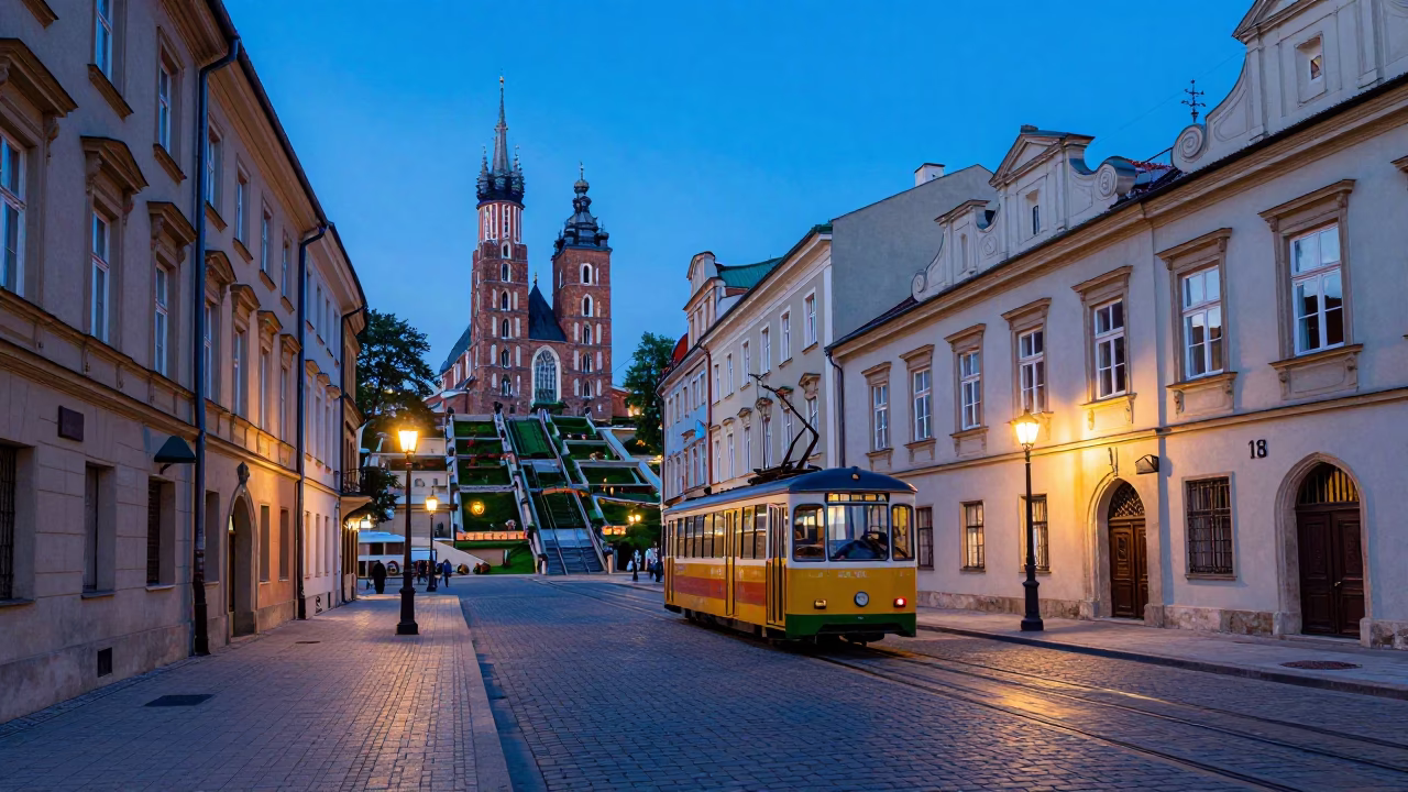 Krakow Poland Evening Street Scene with Funicular and Historic Architecture in in Krakow, Poland