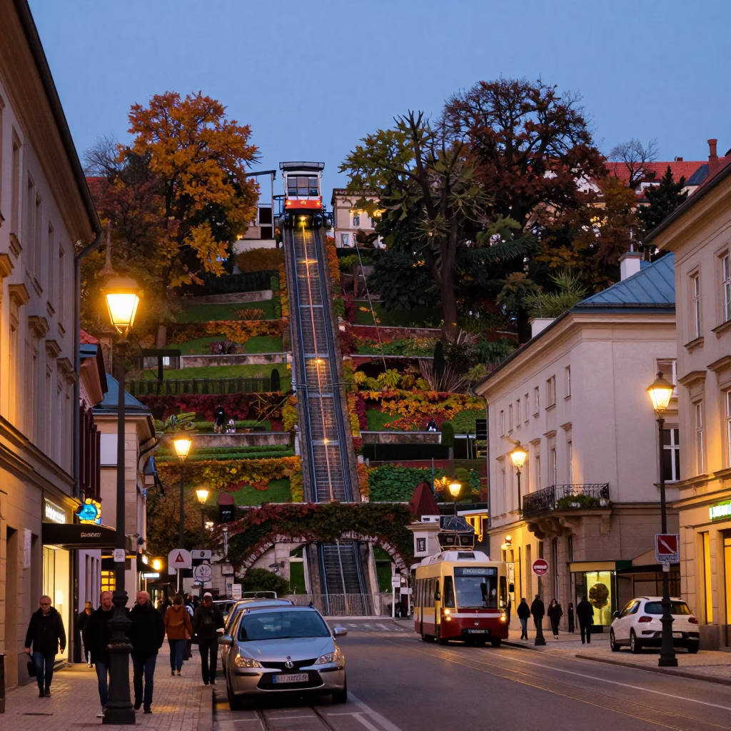 Krakow Poland Evening Street Scene with Funicular Railway and Autumn Foliage in in Krakow, Poland