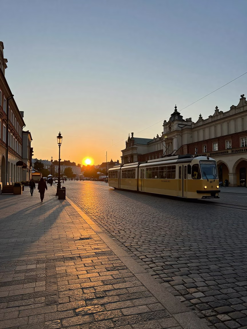 Krakow Poland Evening Street Scene with Heritage Tram and Cobblestone Plaza in in Krakow, Poland