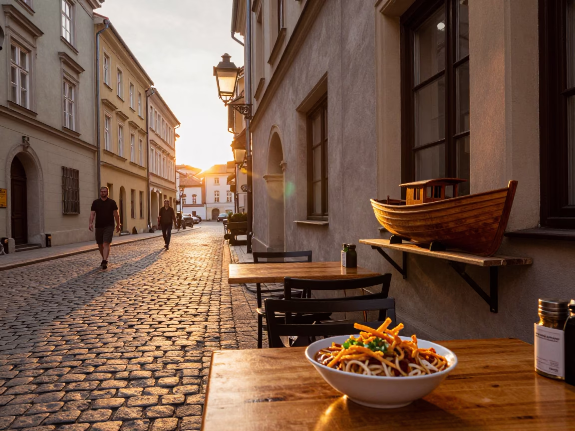 Krakow Poland Evening Street Scene with Local Dining and Casual Details in in Krakow, Poland