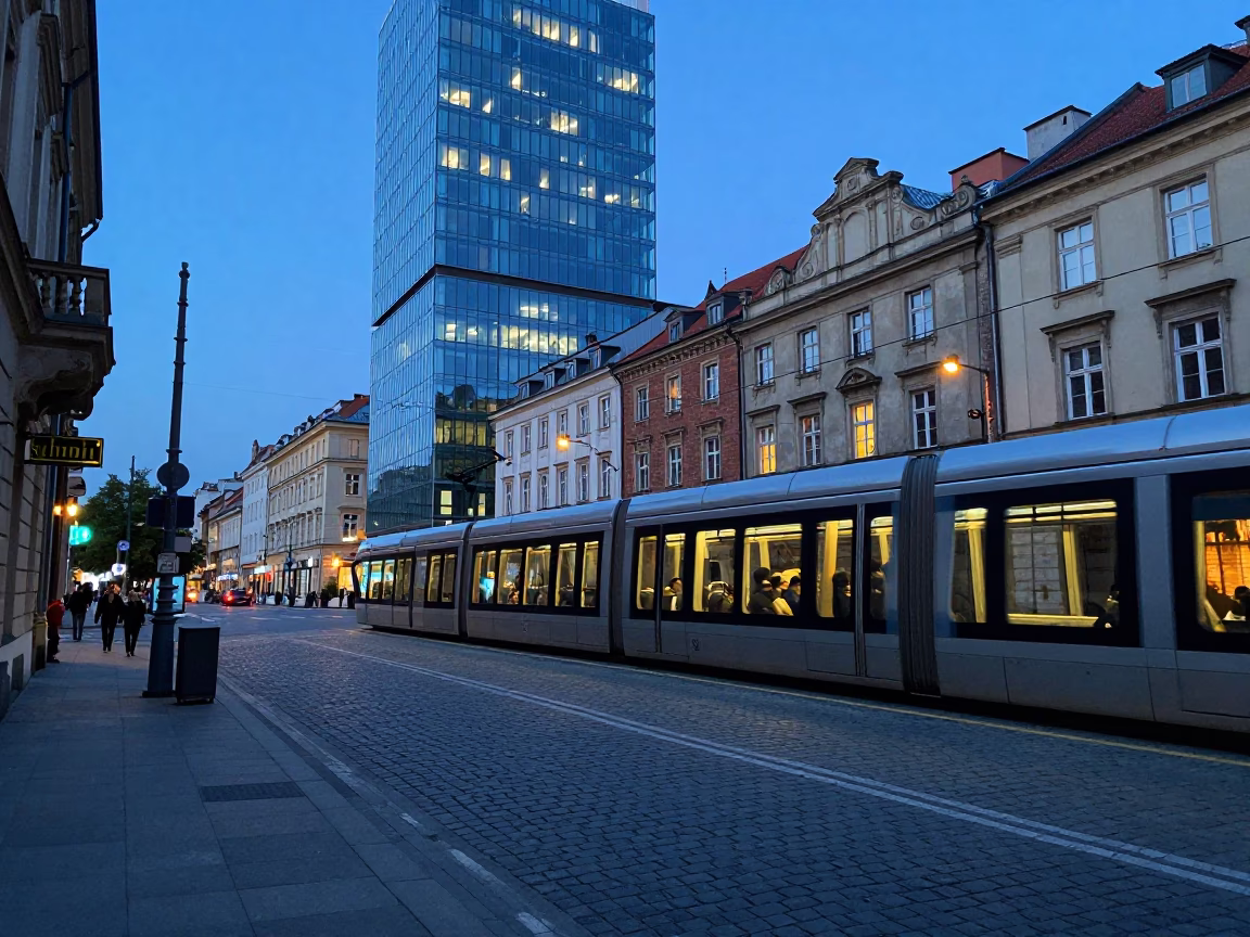 Krakow Poland Evening Street Scene with Monorail Reflection in Glass Skyscraper Window in in Krakow, Poland