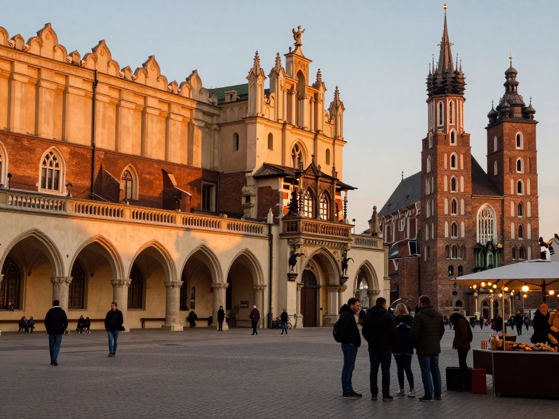 Krakow Poland Evening Street Scene with Old Town Architecture and Local Life in in Krakow, Poland