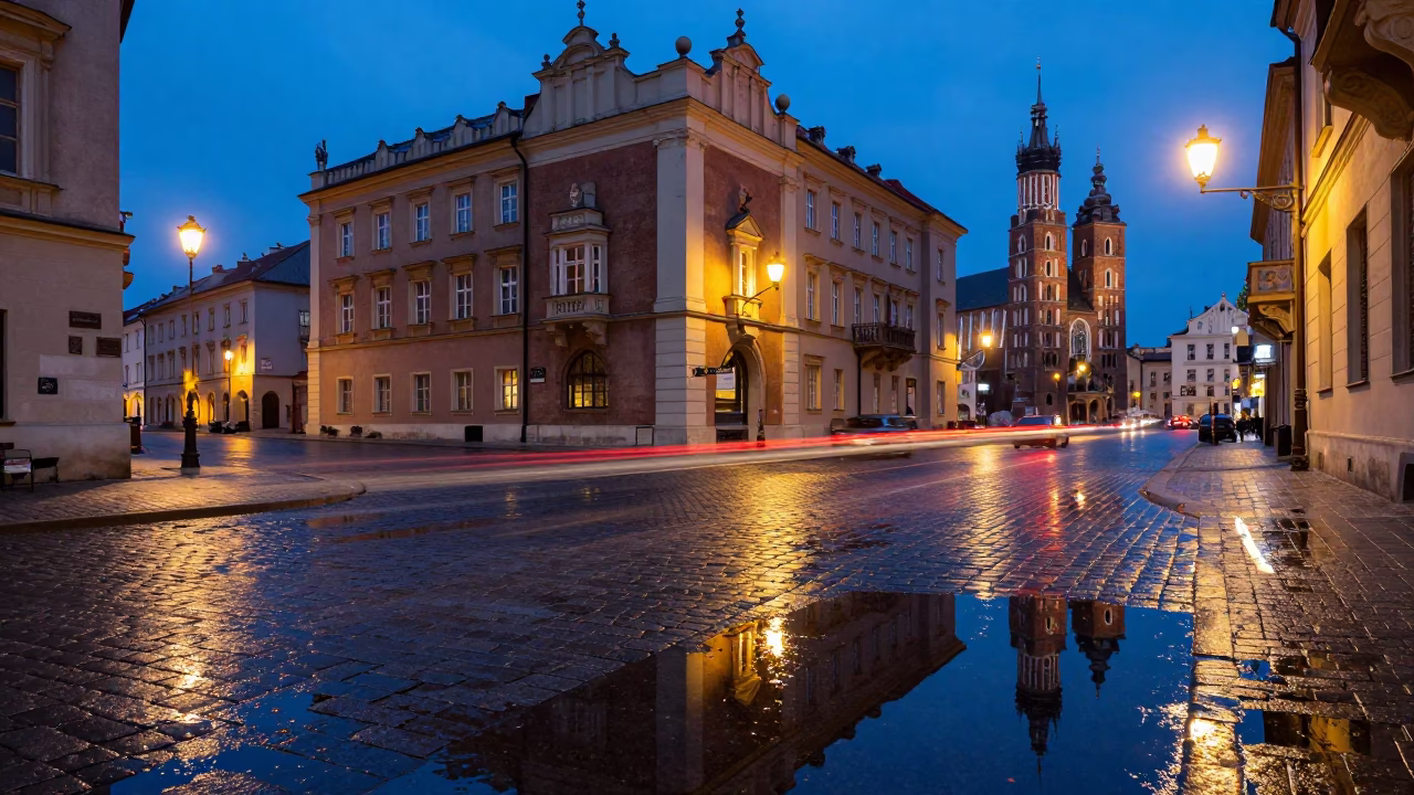 Krakow Poland evening street scene with puddle reflections of hotel windows and tail lights in in Krakow, Poland
