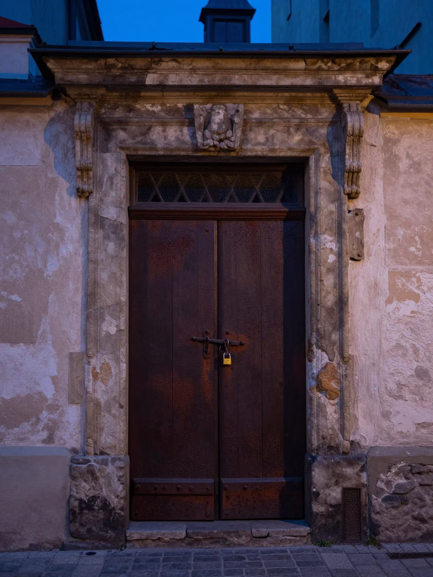 Krakow Poland Evening Street Scene with Rusty Door and Padlock in in Krakow, Poland