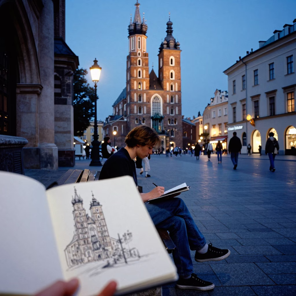 Krakow Poland Evening Street Scene with Sketchbook and Twilight Atmosphere in in Krakow, Poland