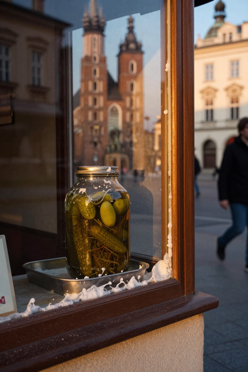 Krakow Poland Evening Street Scene with Soap Residue and Pickle Jar in Honeyed Light in in Krakow, Poland