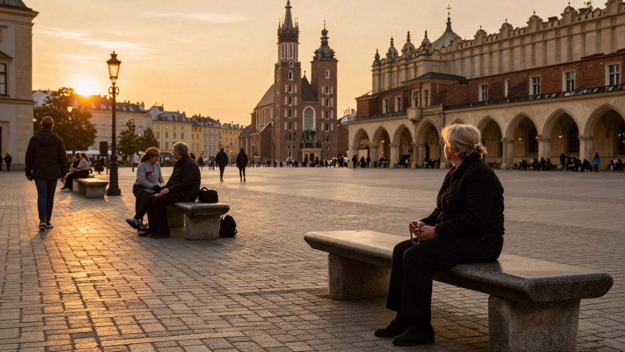 Krakow Poland Evening Street Scene with Stone Benches and Local Life in in Krakow, Poland