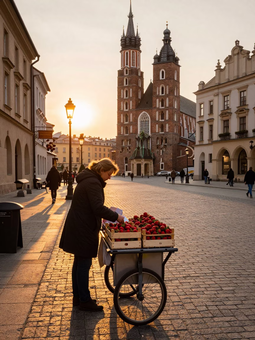 Krakow Poland Evening Street Scene with Strawberries and Local Life in in Krakow, Poland
