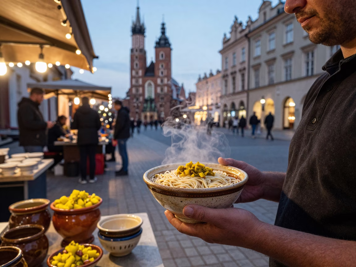 Krakow Poland Evening Street Scene with String Lights and Stoneware Bowl in in Krakow, Poland