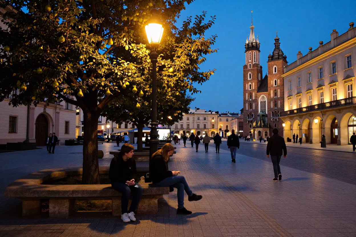 Krakow Poland Evening Street Scene with Students and Pears in in Krakow, Poland