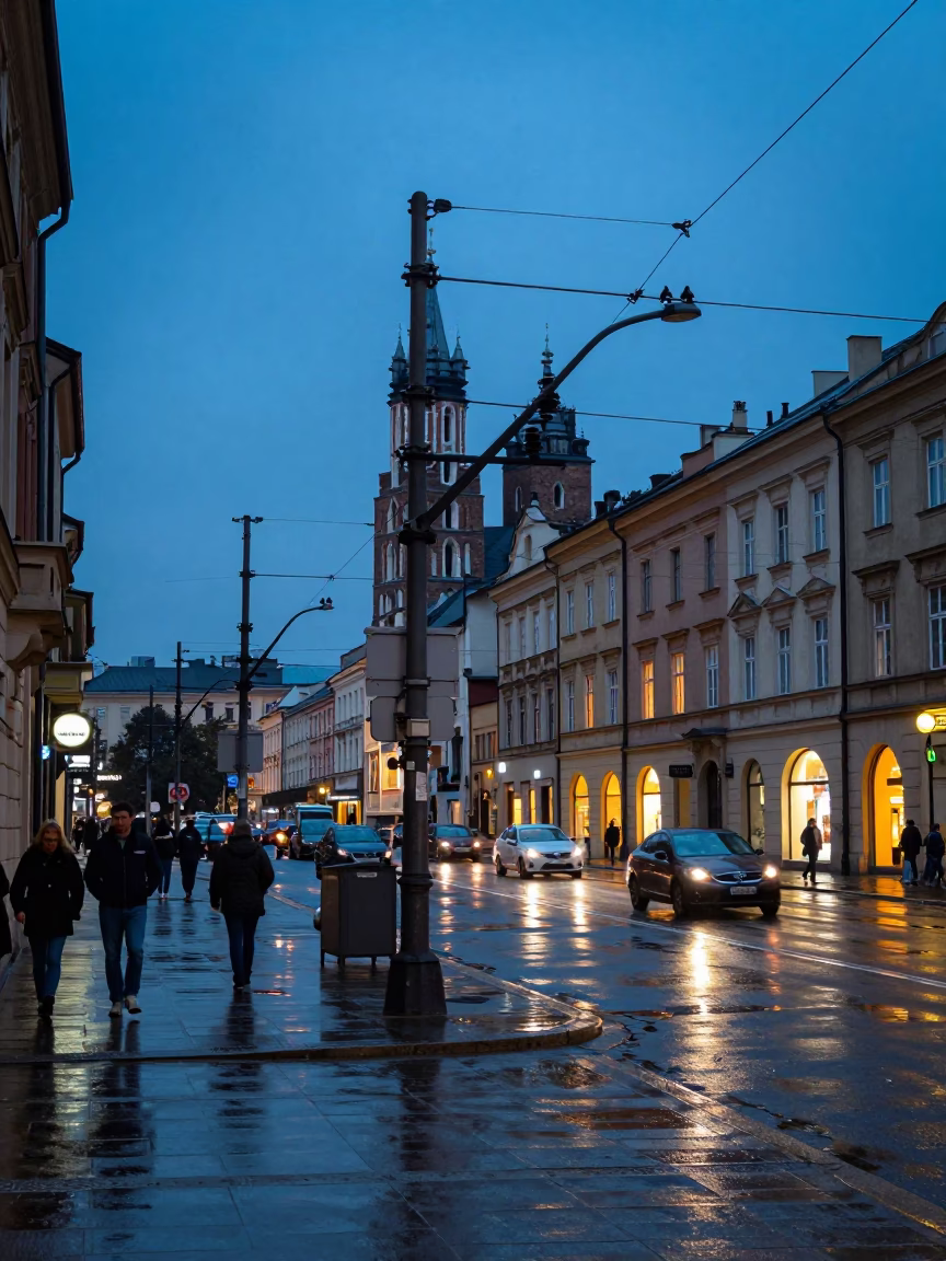 Krakow Poland Evening Street Scene with Substation Insulators and Urban Life in in Krakow, Poland