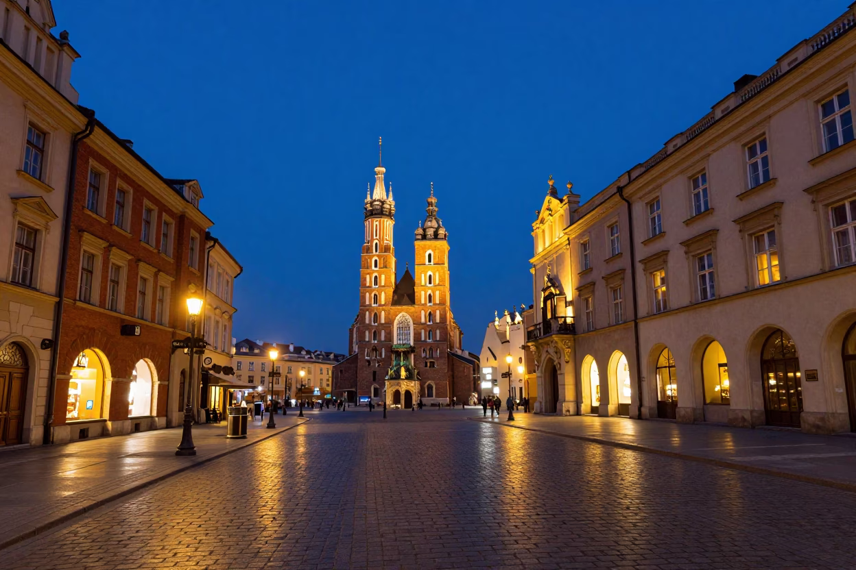 Krakow Poland Evening Street Scene with Traditional Architecture and Local Life in in Krakow, Poland