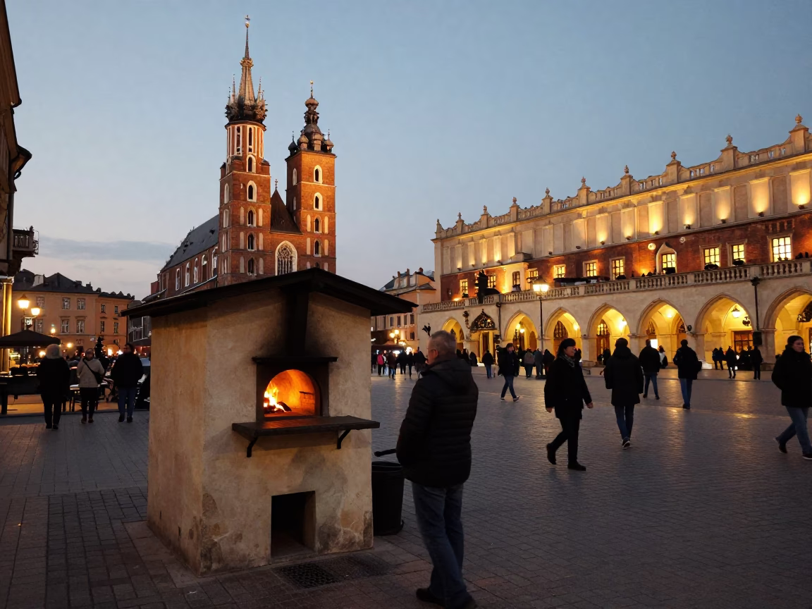 Krakow Poland Evening Street Scene with Traditional Bread Oven and City Lights in in Krakow, Poland