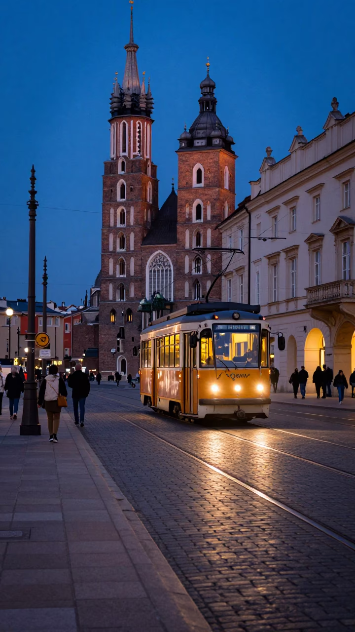 Krakow Poland Evening Street Scene with Tram Tracks and Pedestrians in Blue Hour in in Krakow, Poland