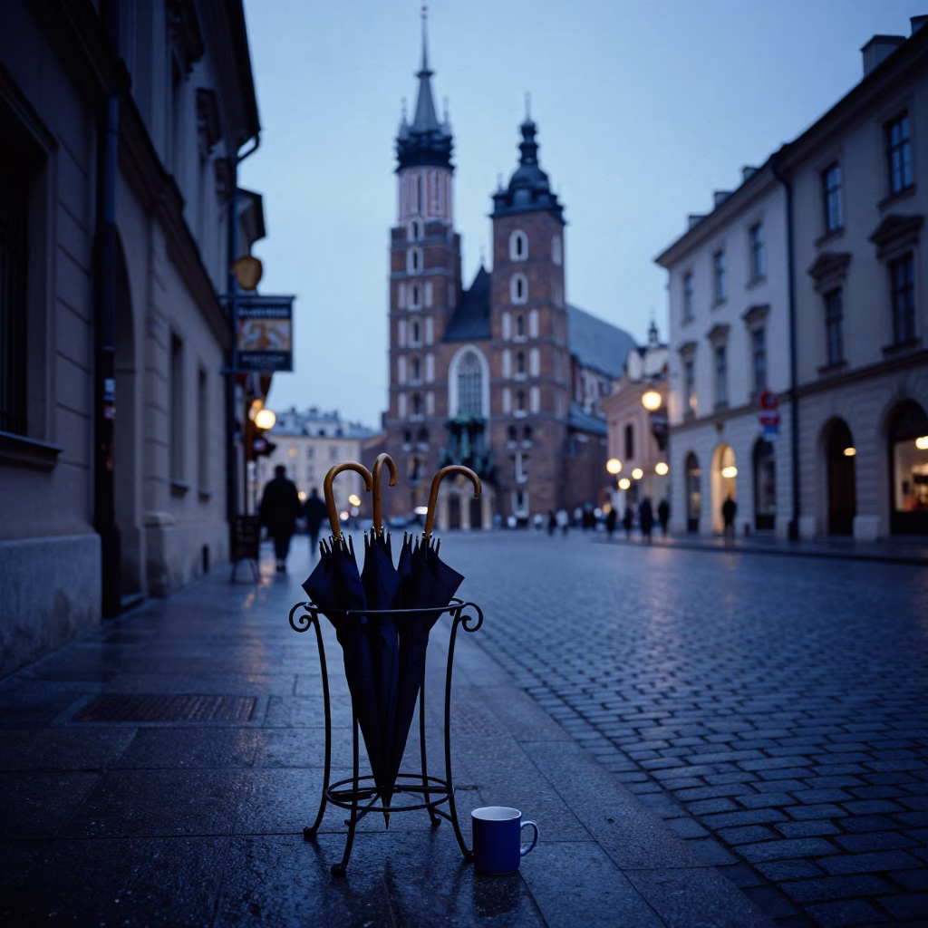 Krakow Poland Evening Street Scene with Umbrella Stand and Mug in in Krakow, Poland