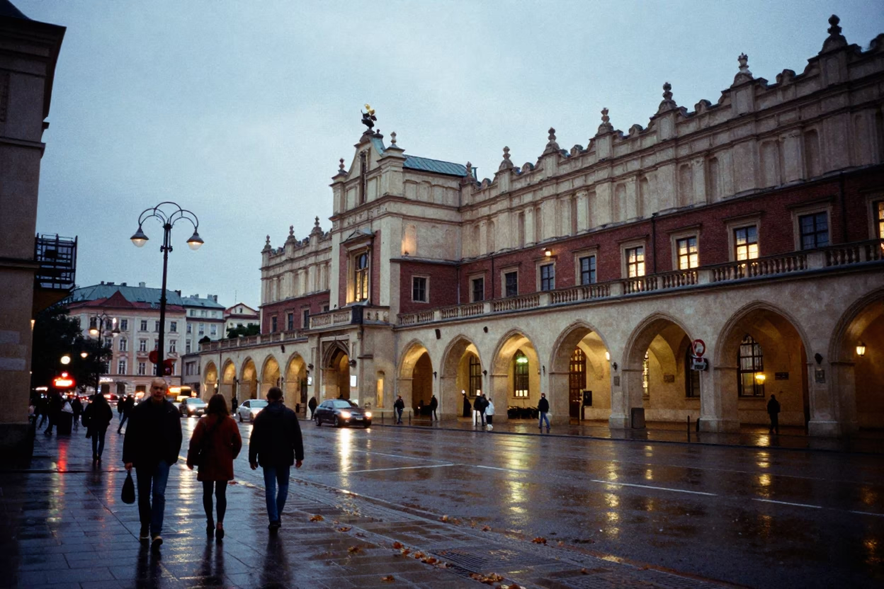 Krakow Poland Evening Street Scene with University Arcade Wet Leaves and Brass Latch Detail in in Krakow, Poland