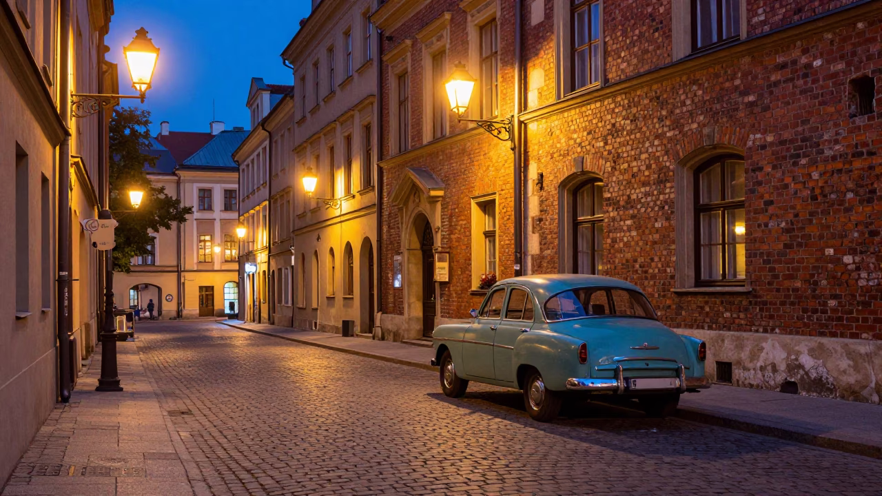 Krakow Poland Evening Street Scene With Vintage Car And City Lights in in Krakow, Poland