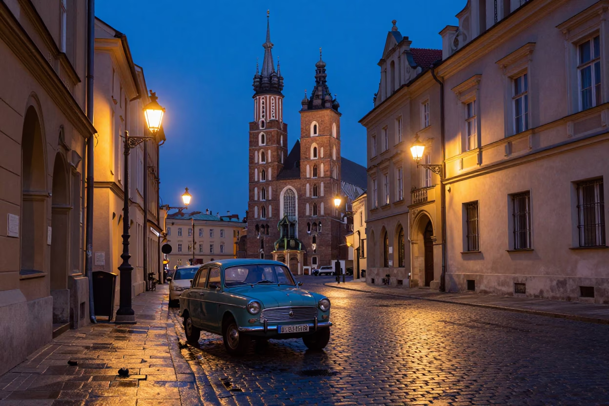 Krakow Poland Evening Street Scene with Vintage Car and Padlock on Gate in in Krakow, Poland