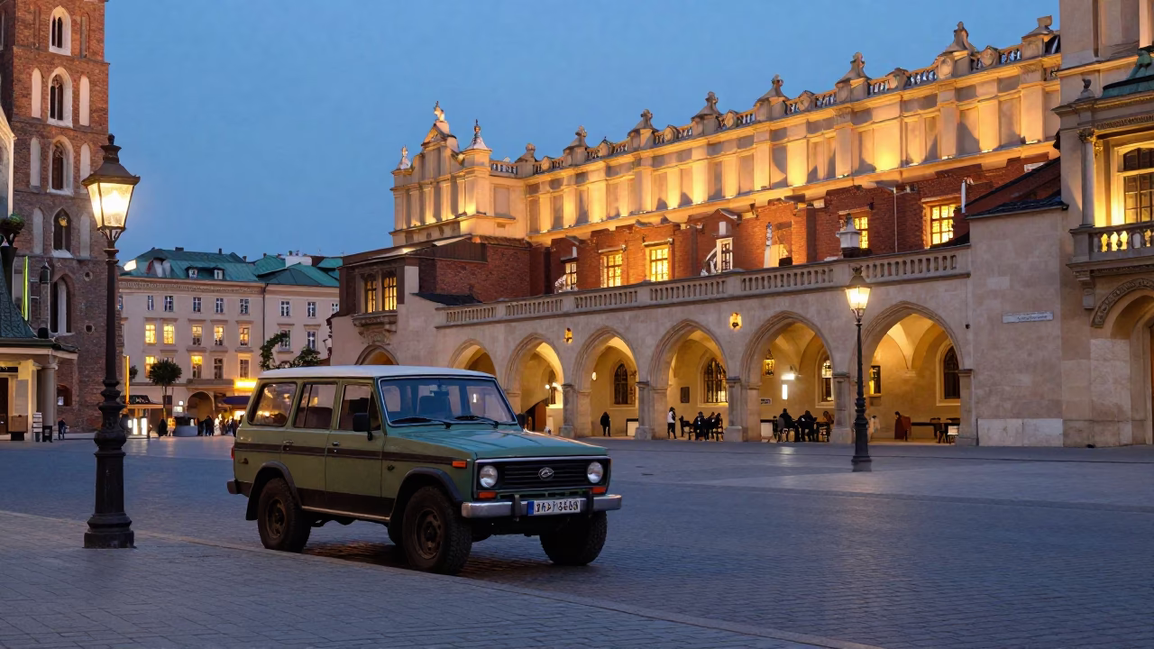 Krakow Poland Evening Street Scene with Vintage SUV and Local Coffee Shop Interaction in in Krakow, Poland