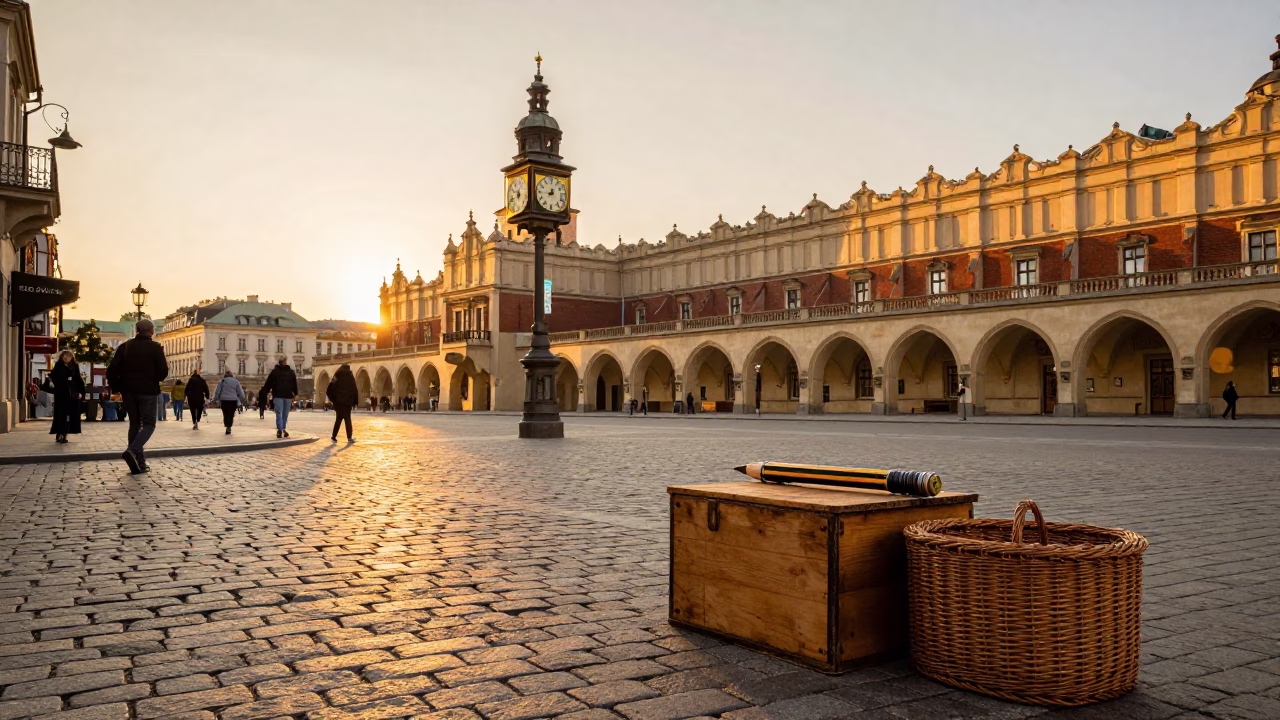 Krakow Poland Evening Street Scene with Vintage Train Station Clock and Local Dining in in Krakow, Poland