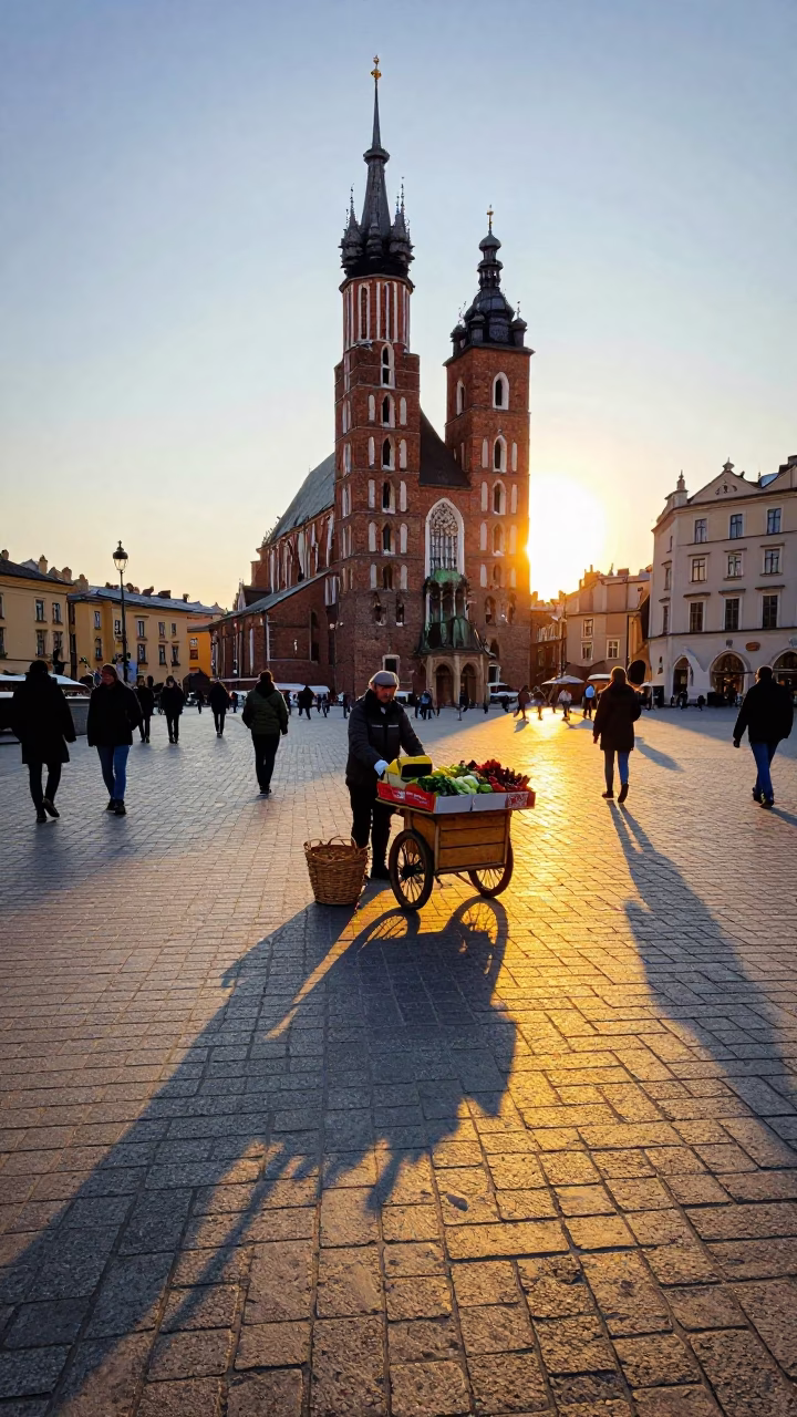 Krakow Poland Evening Street Scene with Wicker Basket Shadow and Urban Life in in Krakow, Poland
