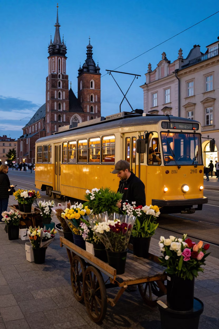 Krakow Poland Evening Tram Stop Flower Market Scene with Local Vendor in in Krakow, Poland