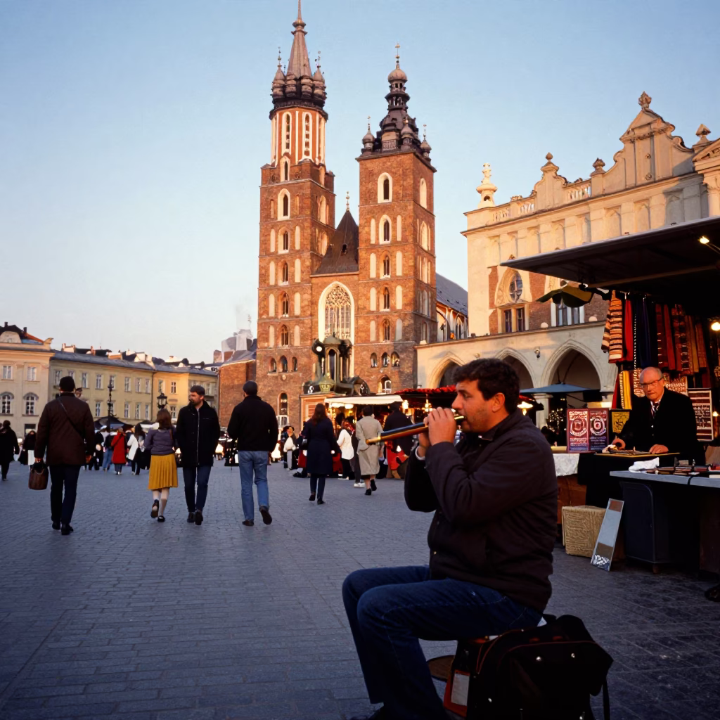 Krakow Poland Golden Hour Street Scene with Harmonica Player and Traditional Market Activity in in Krakow, Poland