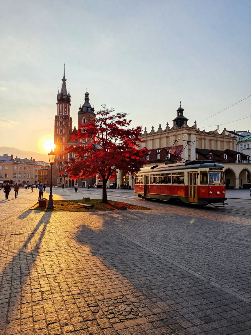 Krakow Poland Golden Hour Street Scene with Japanese Maple and Vintage Tram in in Krakow, Poland