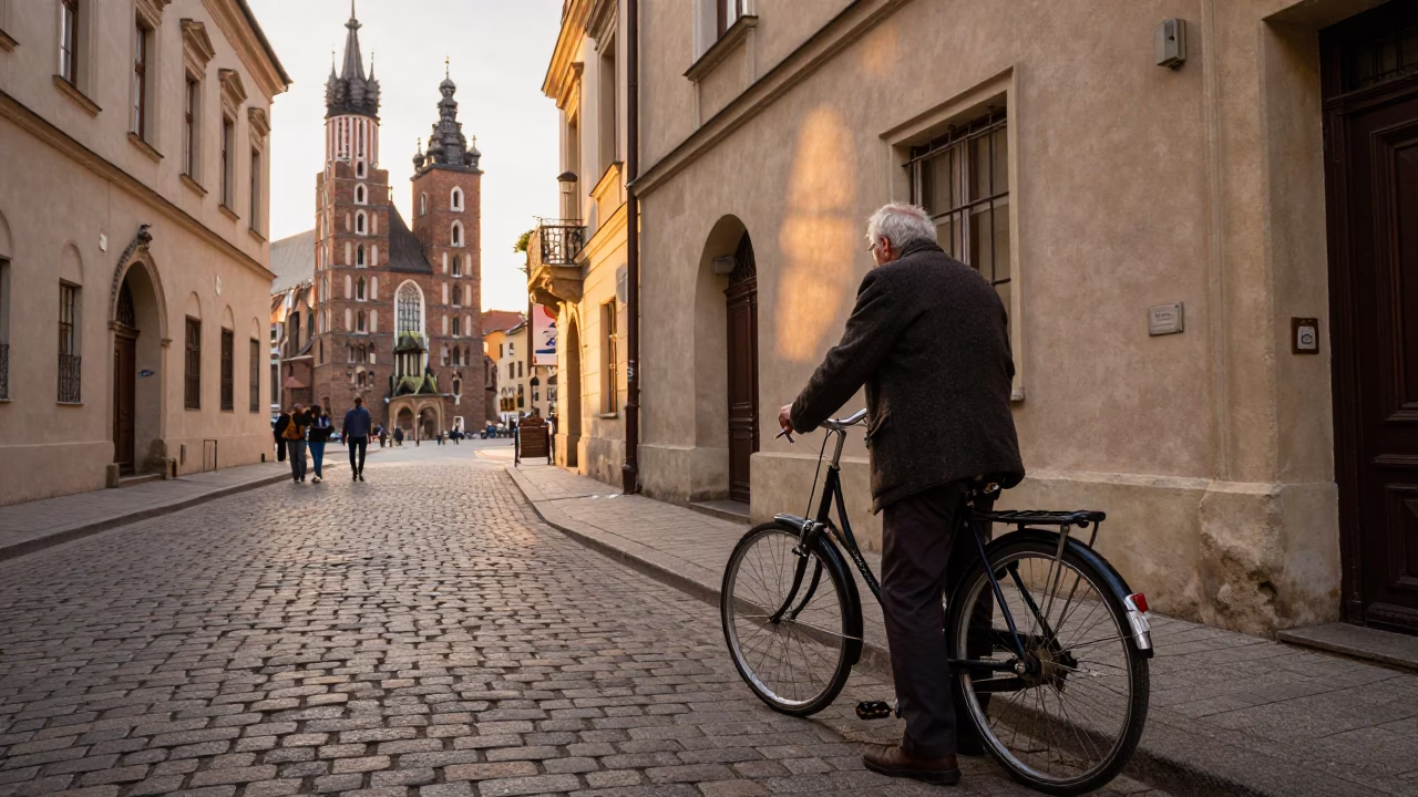 Krakow Poland Golden Hour Street Scene with Old Man and Vintage Bicycle in in Krakow, Poland