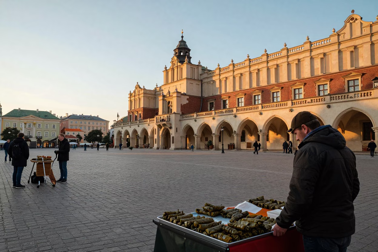 Krakow Poland Golden Hour Street Scene with Traditional Architecture and Local Activity in in Krakow, Poland