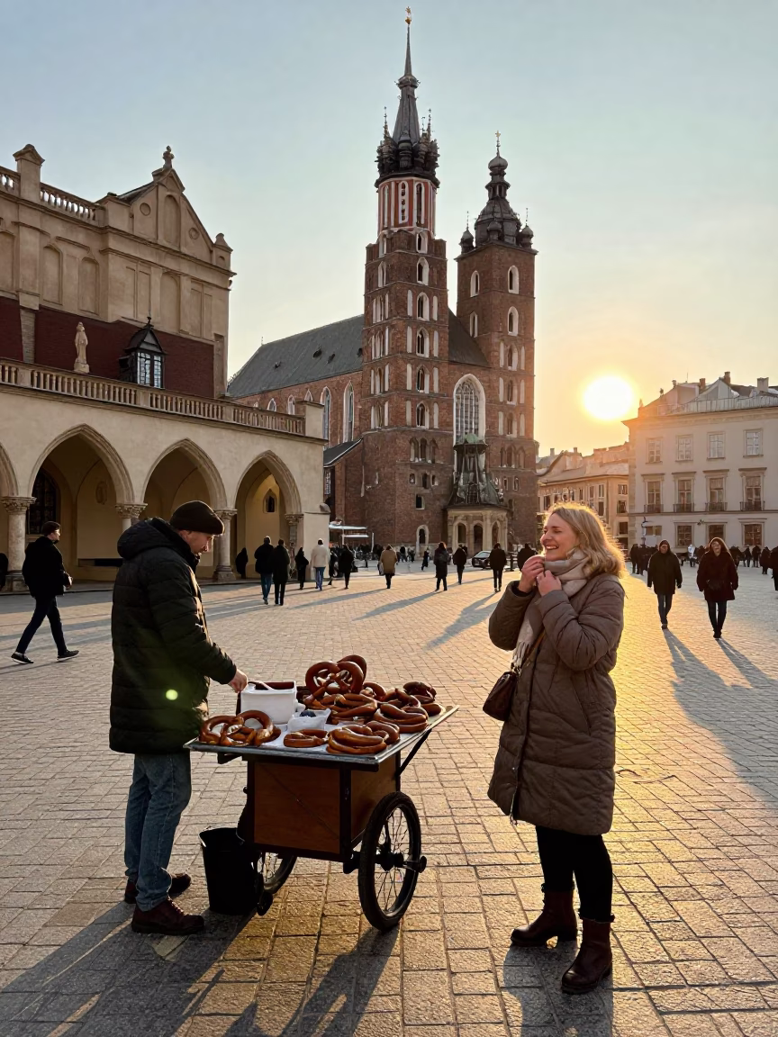 Krakow Poland Golden Hour Street Scene with Vintage Details and Local Life in in Krakow, Poland