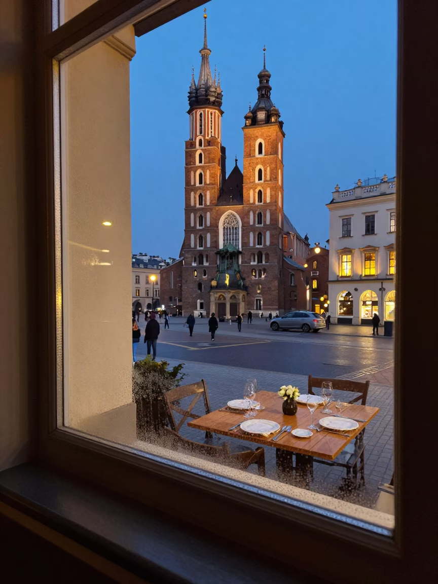 Krakow Poland Indigo Twilight Street Scene with Apricots and Condensation on Window Sill in in Krakow, Poland