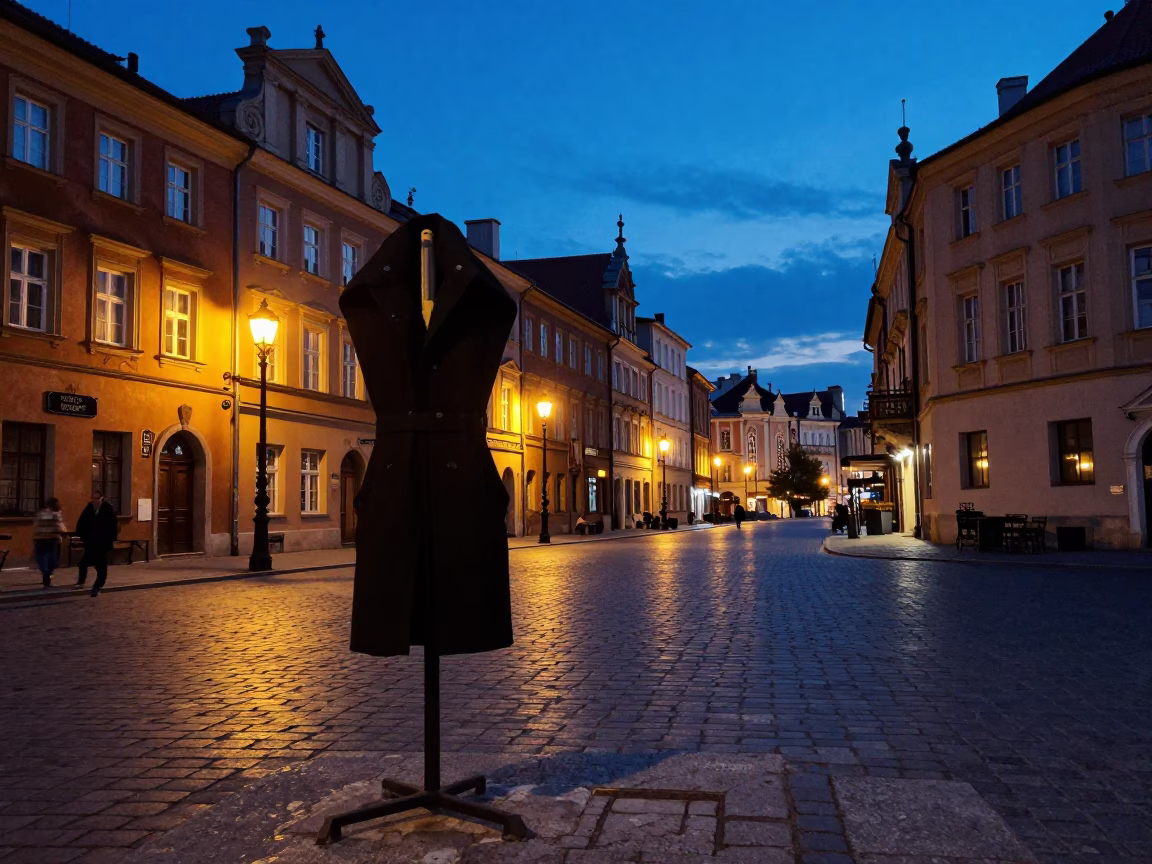 Krakow Poland indigo twilight street scene with coat stand and historic architecture in in Krakow, Poland