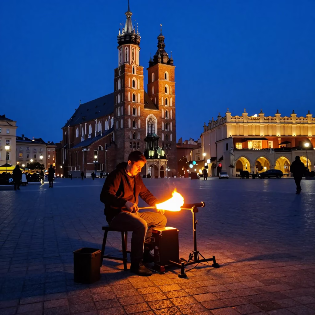 Krakow Poland indigo twilight street scene with glassblowing demonstration and leaf shadows in in Krakow, Poland